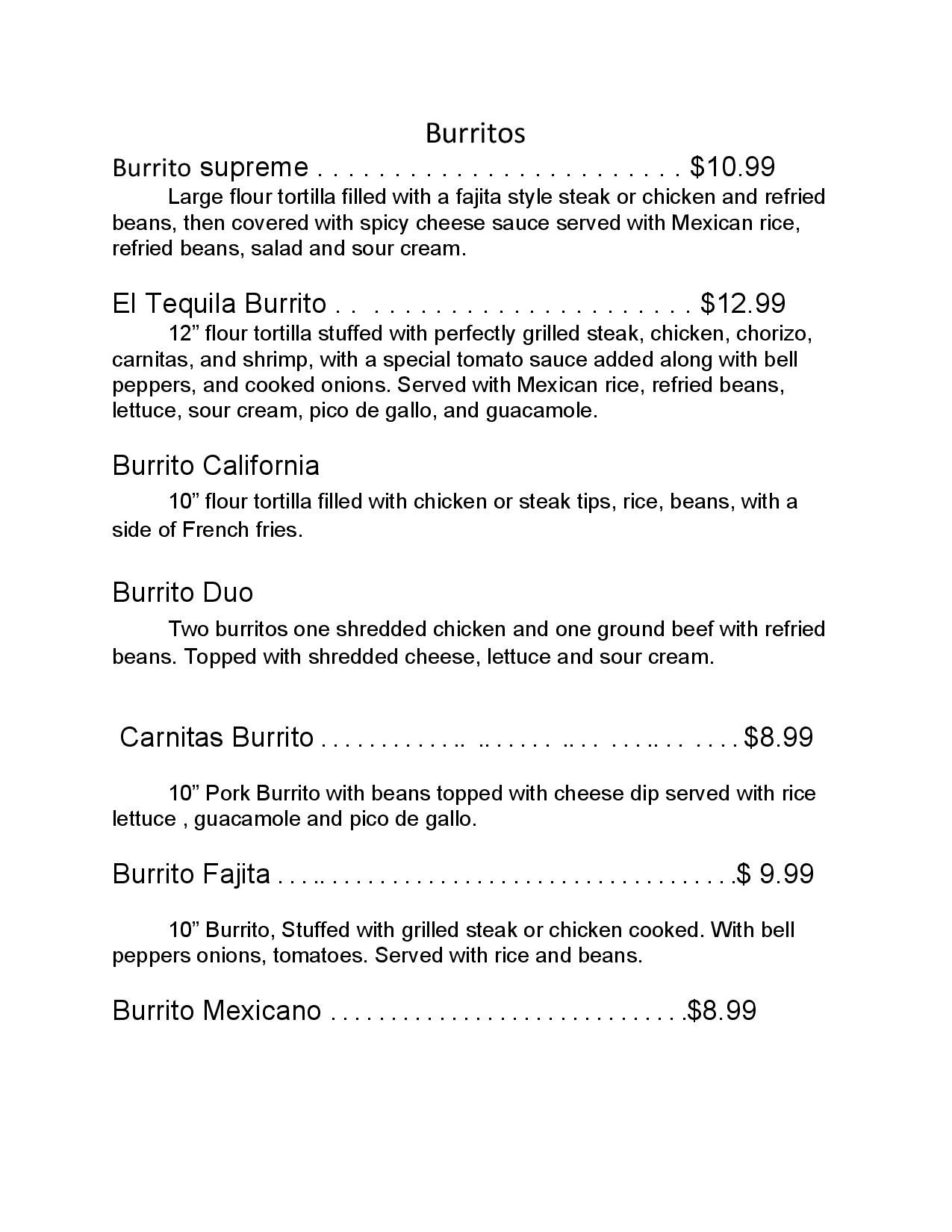 El Tequila Bar & Grill Restaurant Menu